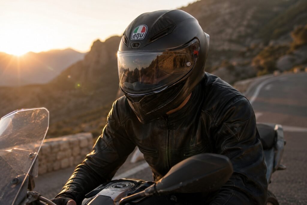 AGV K6 S full-face motorcycle helmet, the best lightweight full face helmet of 2026, worn by a rider on an open mountain road at golden hour