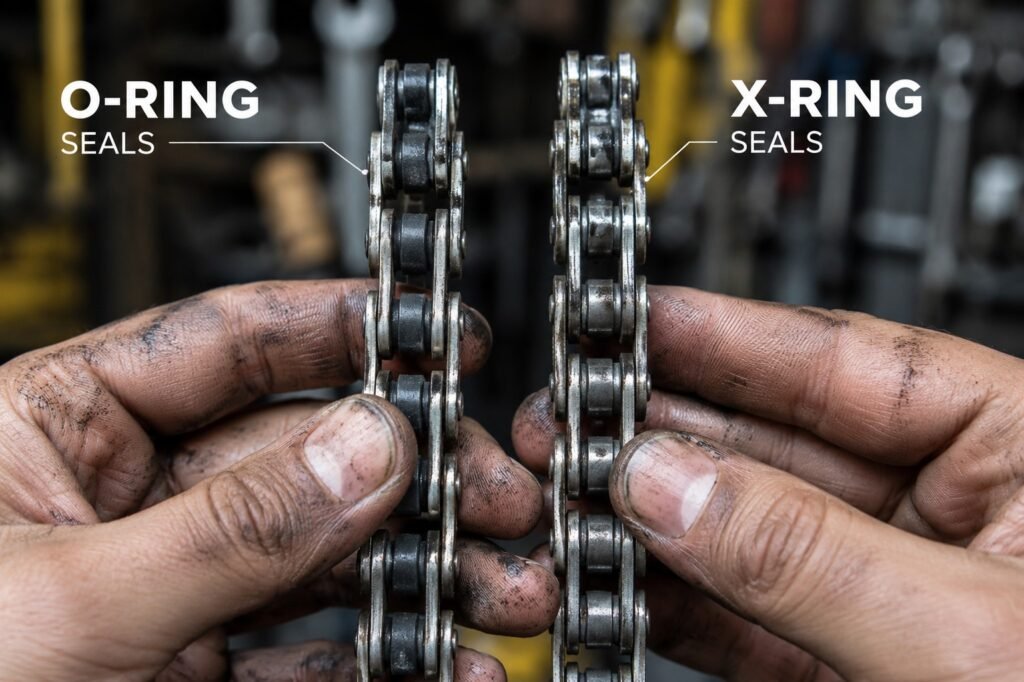 Motorcycle mechanic holding an X-ring chain next to an O-ring chain in a workshop