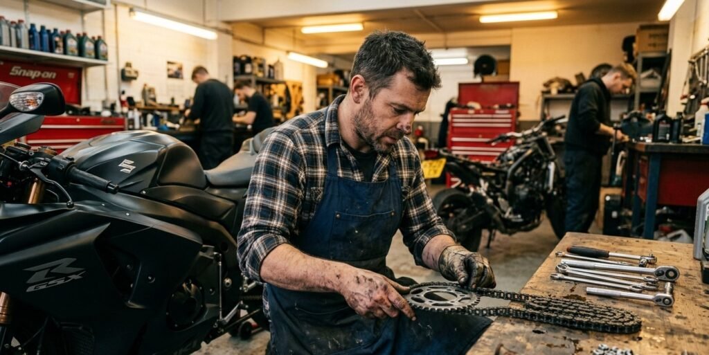 Motorcycle mechanic replacing a chain and sprocket on a sport bike in a workshop