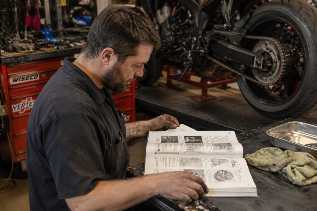Mechanic reading a factory service manual to confirm motorcycle chain and sprocket sizes
