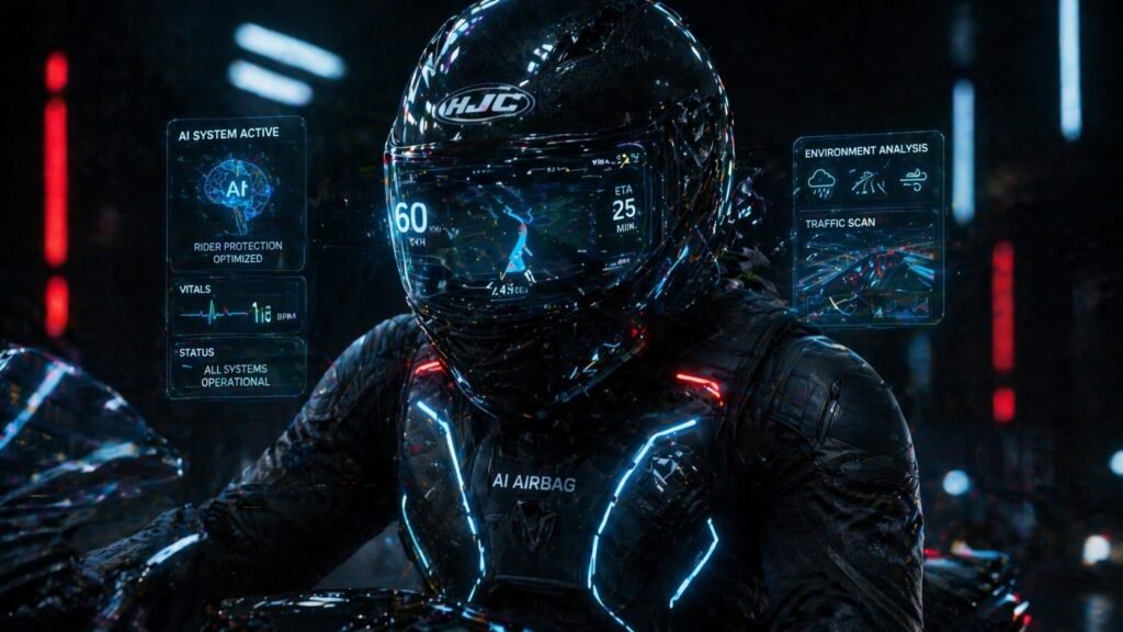 Futuristic motorcycle helmet with HUD display and smart riding technology interface