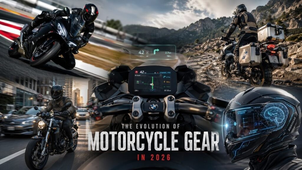 Best motorcycle gear 2026 featuring sport, adventure, and commuter riding scenes with premium smart cockpit, AI helmet technology, and futuristic HUD display