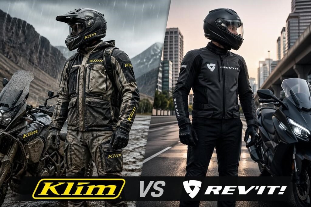 Two motorcycle riders side by side, Klim adventure gear in muddy rain vs Rev’It touring gear on urban road