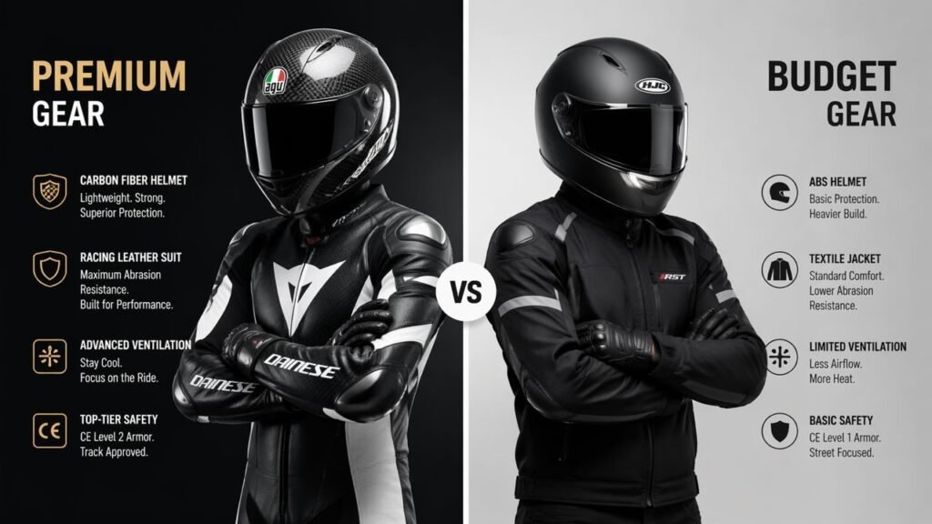 Motorcycle gear comparison premium vs budget riding equipment split screen