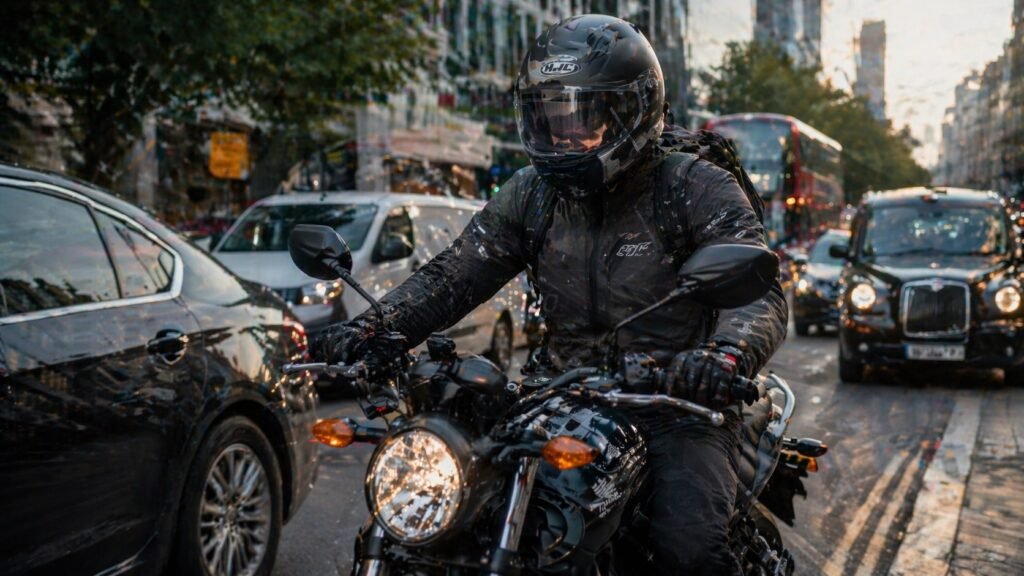 Urban motorcycle commuter riding through city traffic wearing practical budget riding gear