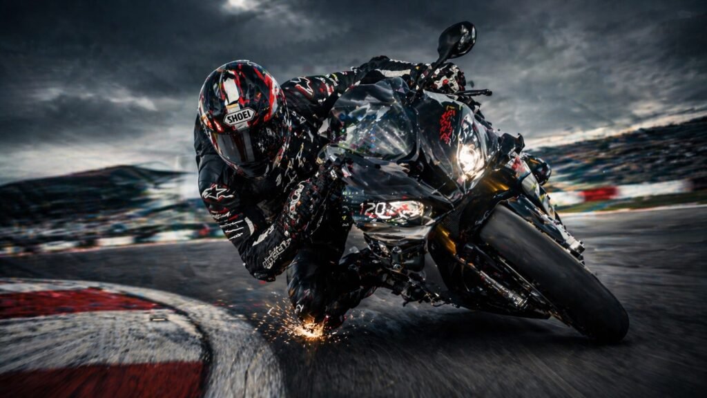 Adventure motorcycle rider crossing off-road mountain trail with touring gear and panniers