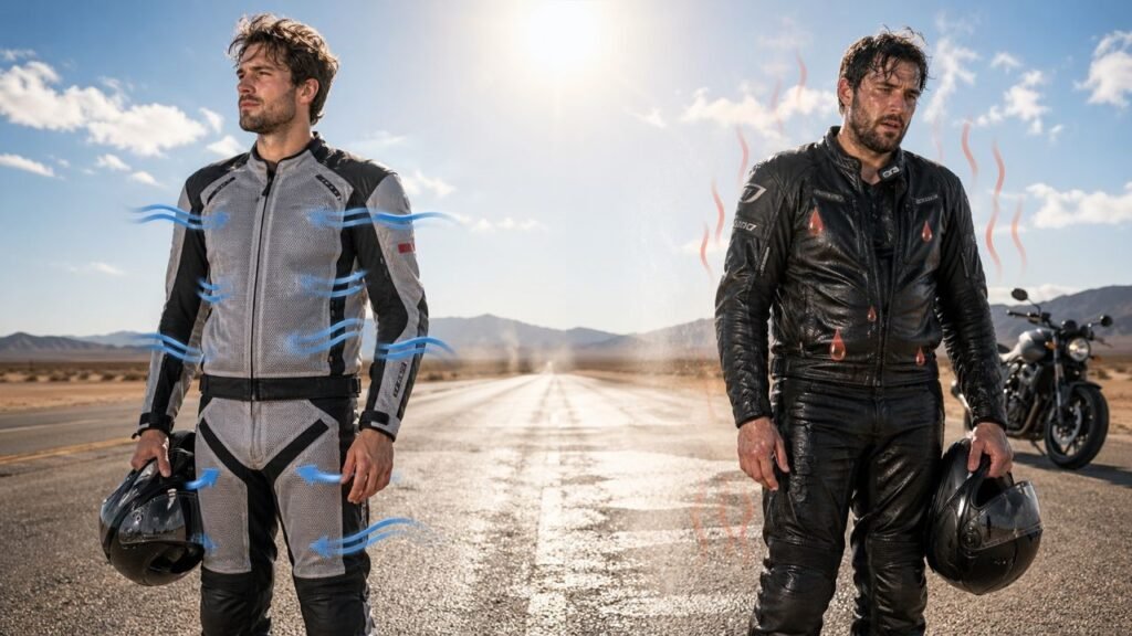 Summer motorcycle riding suits comparison showing ventilated vs non-ventilated gear in hot weather
