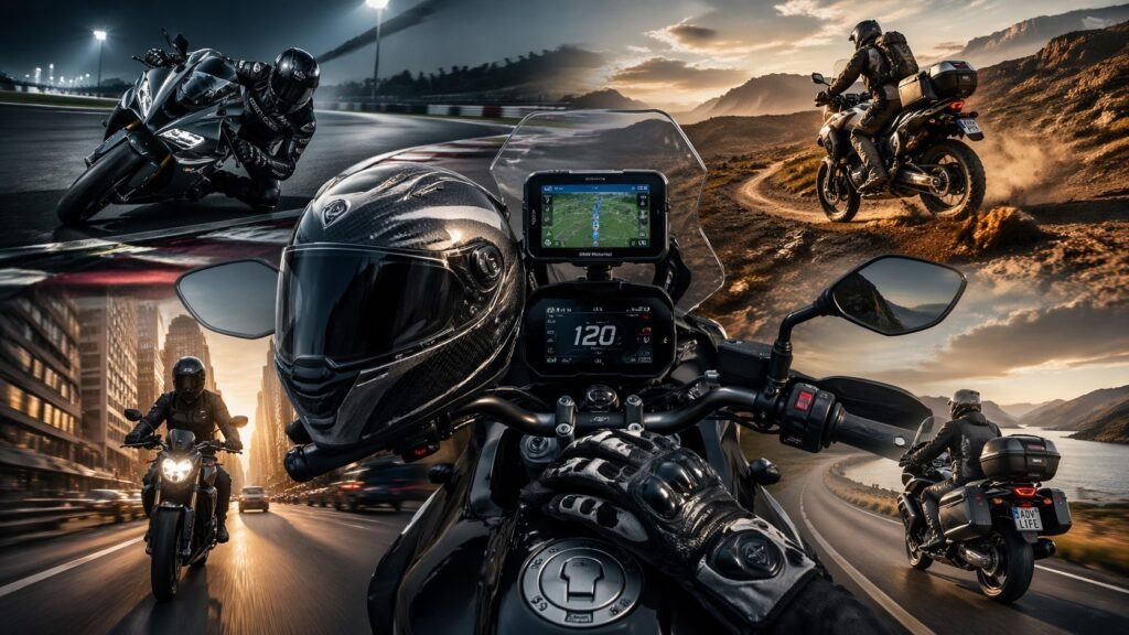 Motorcycle gear 2026 featuring premium riding equipment, GPS navigation, and multi-terrain riding environments