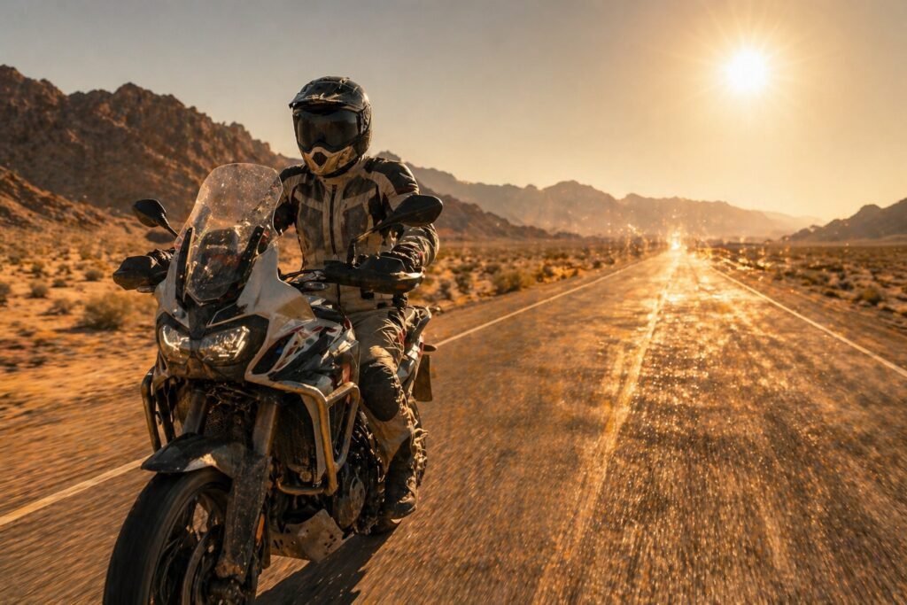 Motorcycle rider wearing ventilated gear riding in desert heat