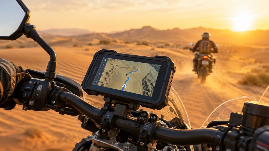 Motorcycle GPS navigator mounted on handlebars with a rider crossing desert dunes at sunset