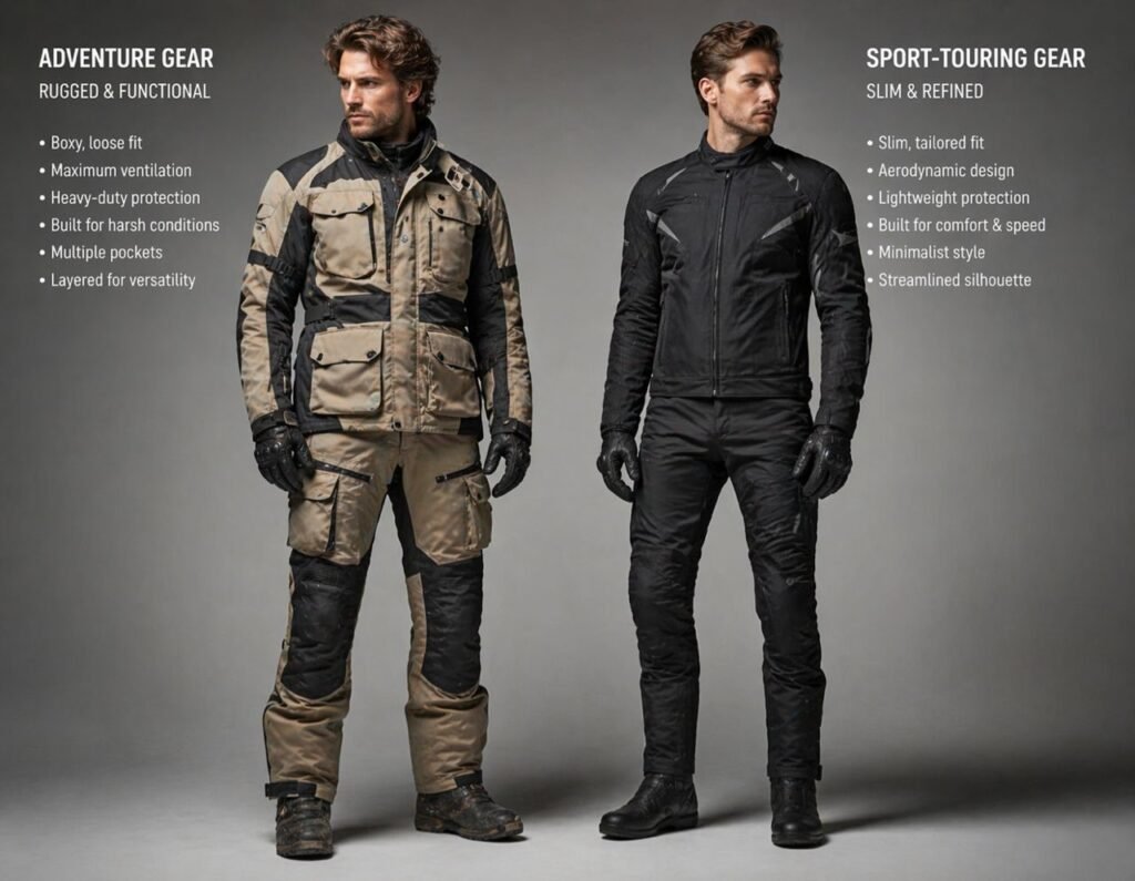 Klim vs Rev’It motorcycle gear fit comparison loose adventure fit vs slim touring fit