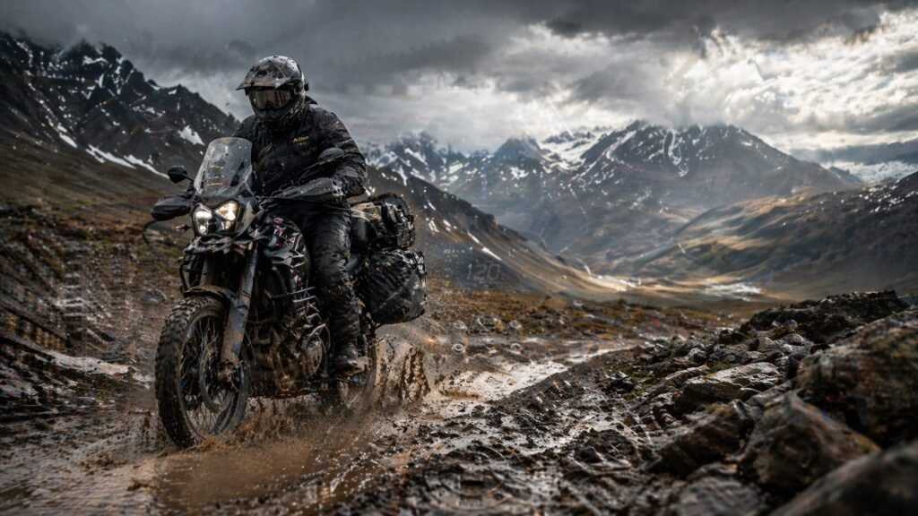 Adventure motorcycle rider crossing rugged mountain off-road trail with touring gear panniers and protective equipment in extreme terrain conditions