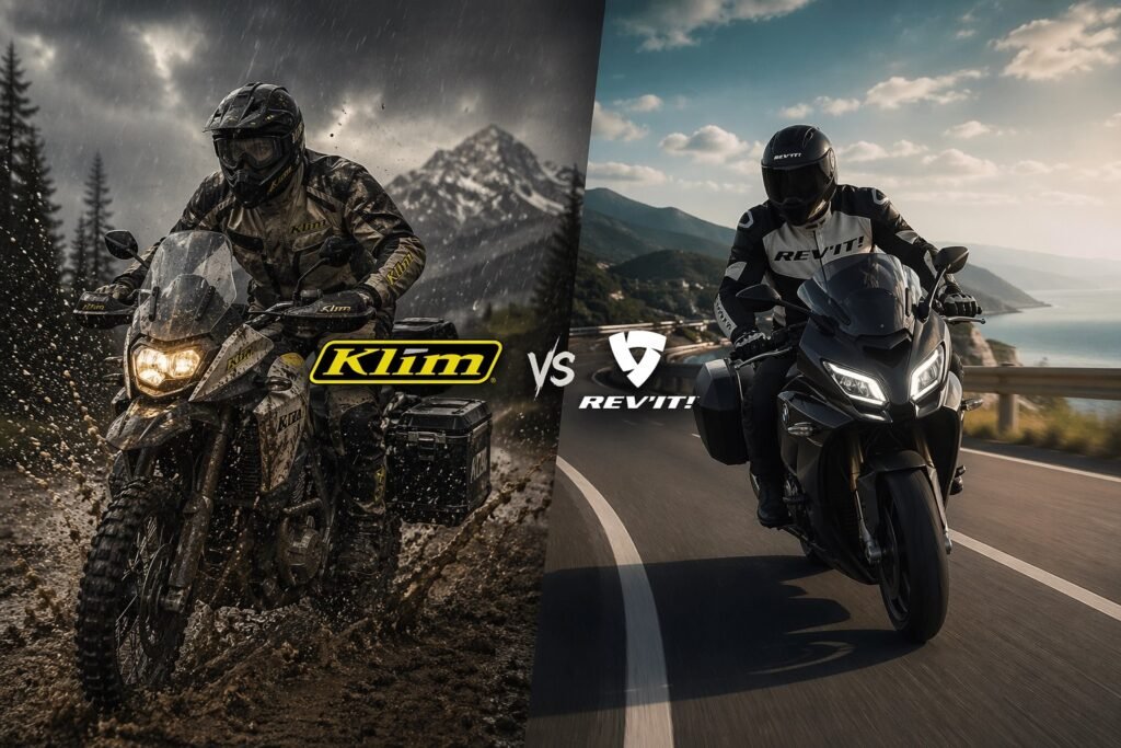 Klim vs Rev’It motorcycle gear comparison showing adventure rider in rain and touring rider on highway