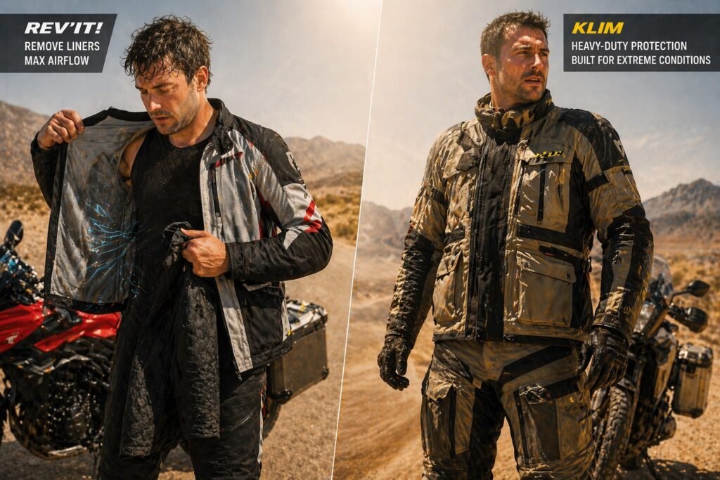 Rev’It motorcycle gear ventilation vs Klim heavy gear in hot desert riding conditions