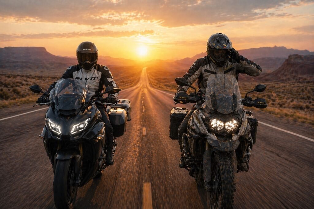 Motorcycle touring comfort comparison showing relaxed rider vs fatigued rider on long highway ride