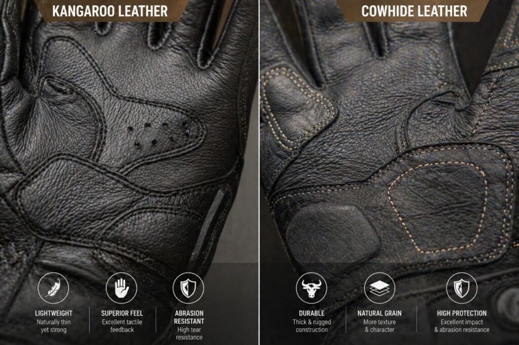 kangaroo leather vs cowhide motorcycle gloves texture comparison
