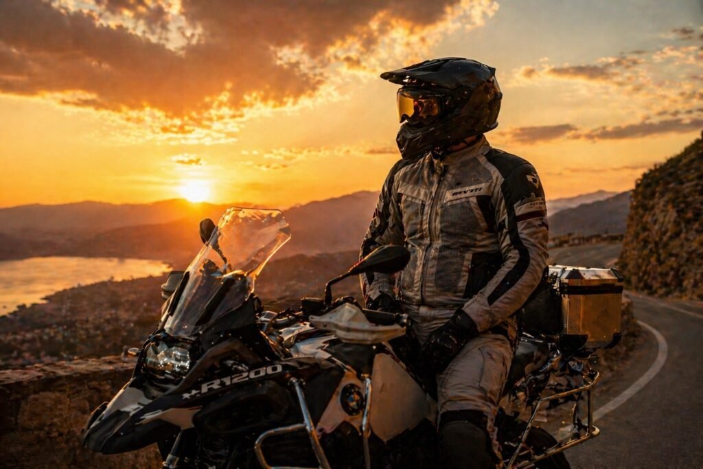 Motorcycle rider ready for summer ride wearing protective ventilated gear
