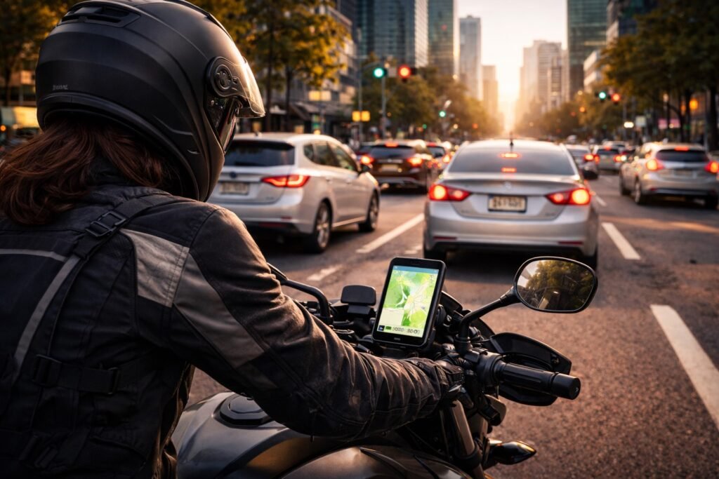 motorcycle GPS smartphone navigation city traffic commuting