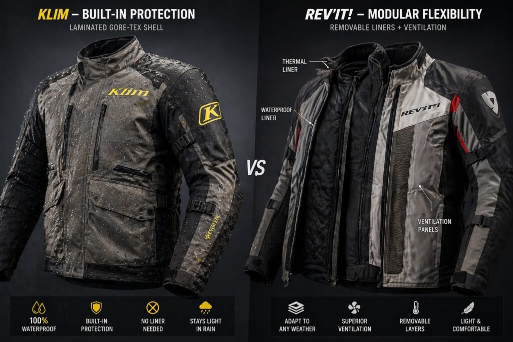 Klim laminated waterproof jacket vs Rev’It modular motorcycle jacket with removable liners