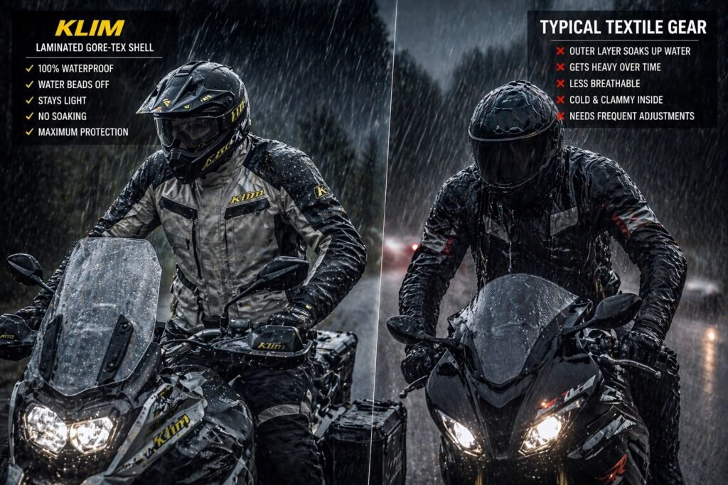 Klim vs textile motorcycle gear in heavy rain showing waterproof protection difference