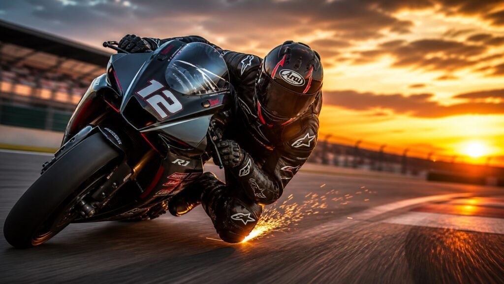 Motorcycle rider leaning into racetrack corner wearing AAA-rated track day suit with integrated airbag system at sunset