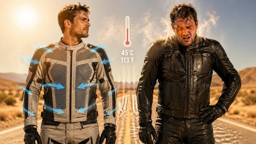 Summer motorcycle riding suits comparison showing ventilated vs non-ventilated gear in hot weather