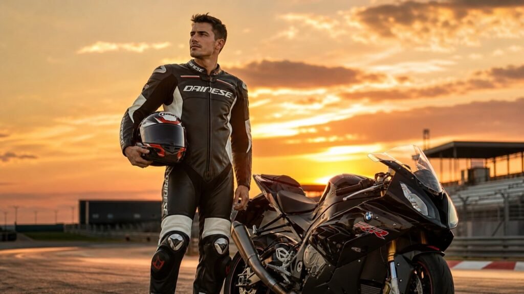 Motorcycle rider standing at racetrack sunset wearing full racing suit with helmet under arm