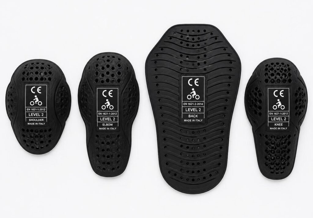 CE Level 2 motorcycle armor inserts showing EN 1621-1 and EN 1621-2 certification labels