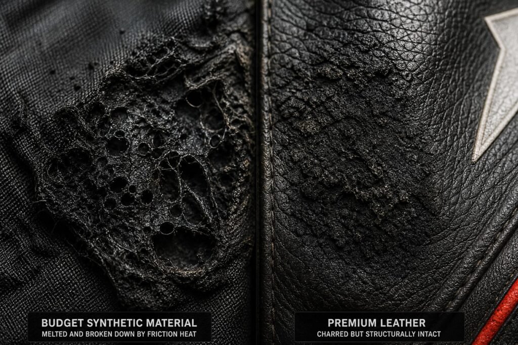 Comparison of friction heat damage on budget synthetic motorcycle suit material versus premium leather suit material