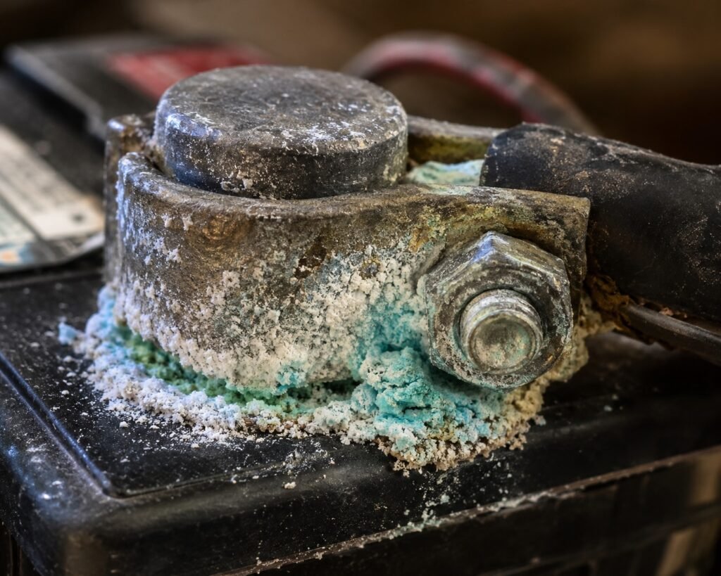 Motorcycle battery terminal corrosion — white powder buildup on positive terminal