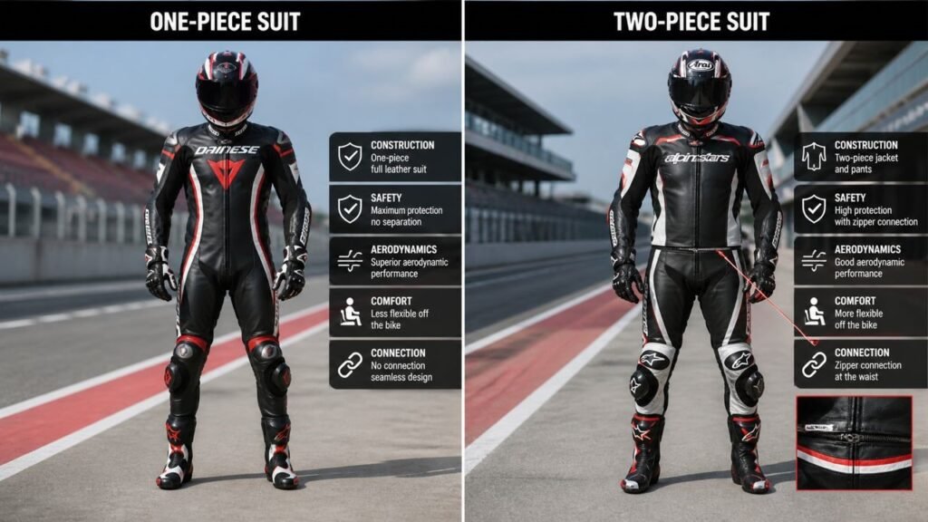 One-piece vs two-piece motorcycle racing suits comparison showing zipper connection and safety differences