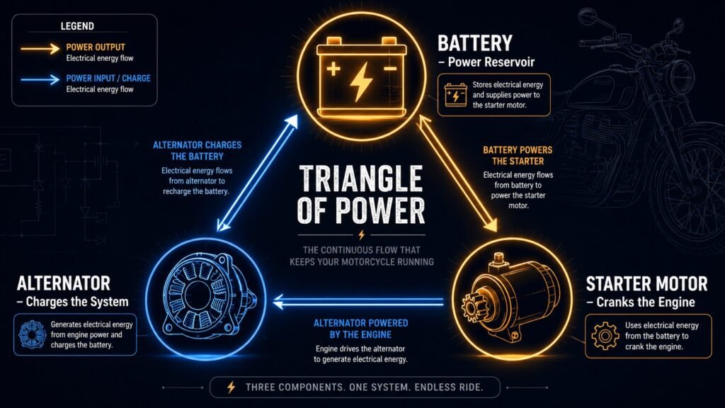 Diagram showing the motorcycle triangle of power — battery, starter motor, and alternator