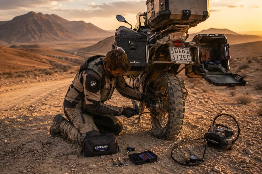 Adventure rider repairing a motorcycle tire in a remote desert