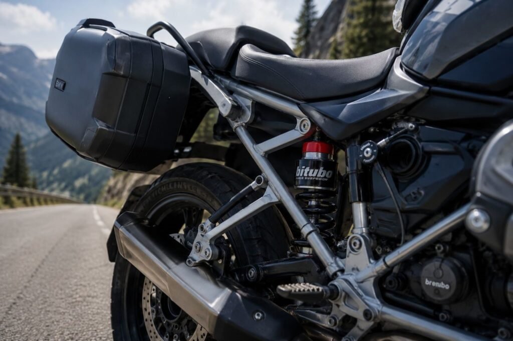 Aftermarket monotube rear shock with remote preload adjuster on touring motorcycle