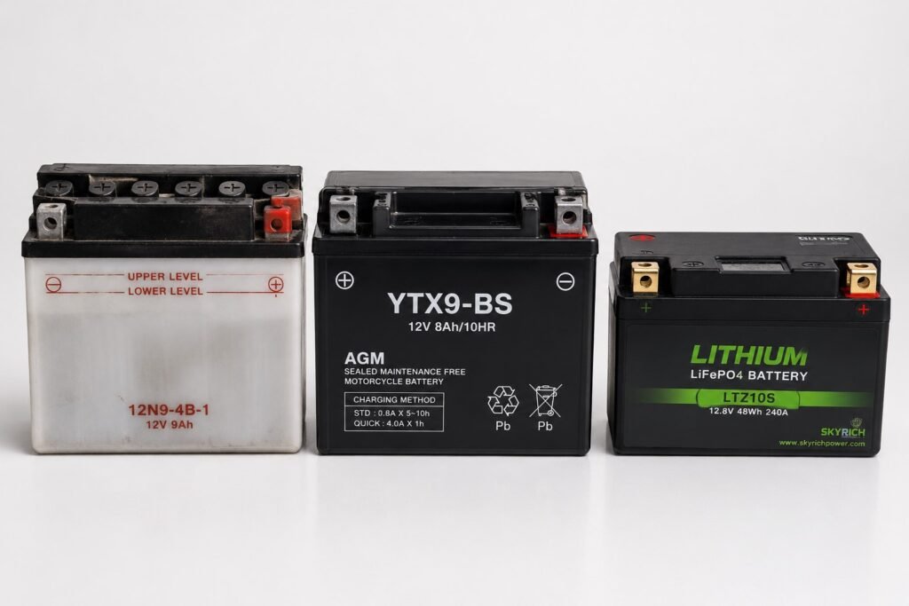 Side by side comparison of AGM, lithium-ion, and lead-acid motorcycle batteries