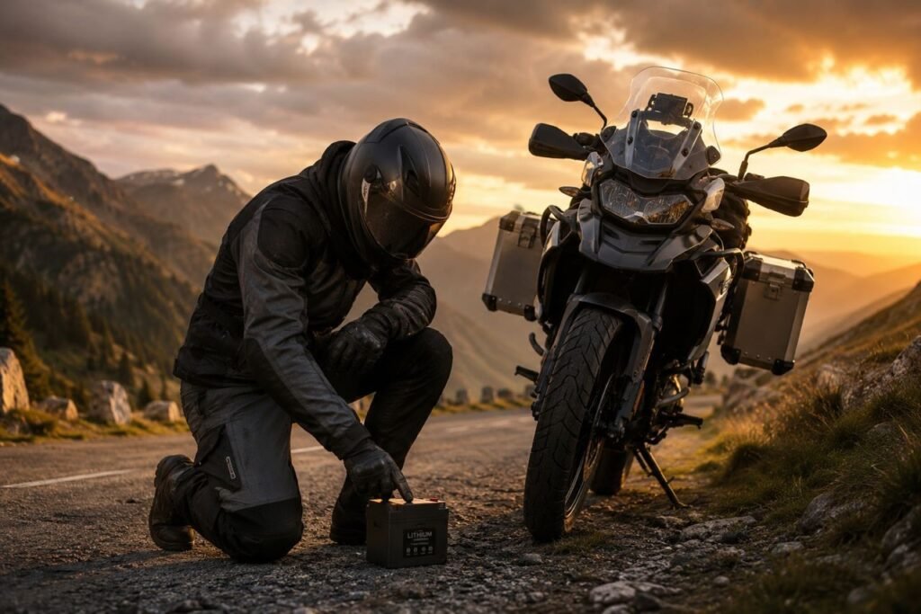 Rider using Antigravity RE-START lithium battery emergency jump start feature on remote road