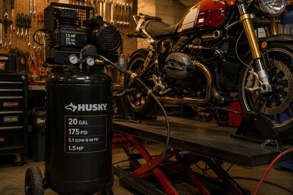 Best air compressor for motorcycle maintenance in a garage workshop next to a lifted motorcycle