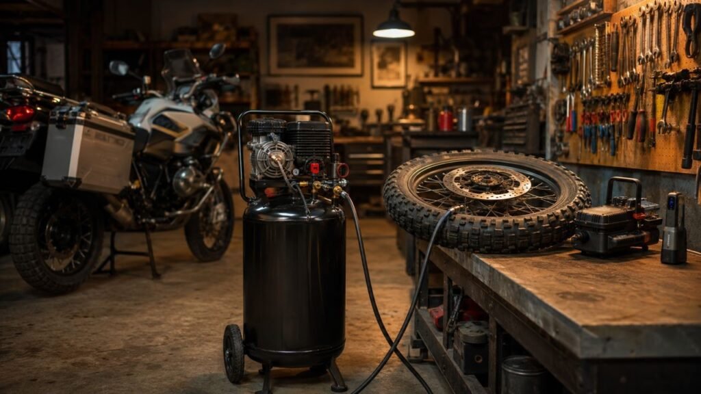 Best air compressor for motorcycle maintenance — a cinematic motorcycle garage scene showing a full-size compressor, a 12V portable unit, and a wireless inflator beside a motorcycle on a workbench