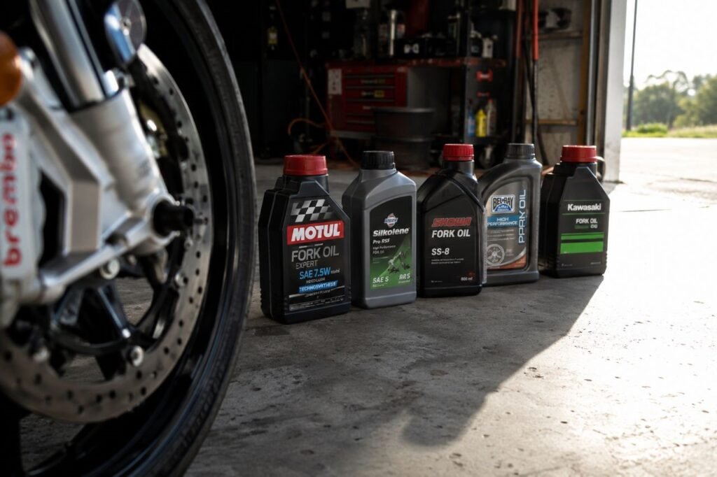 Top motorcycle fork oil brands Motul Maxima Ohlins Bel-Ray arranged for comparison on garage floor