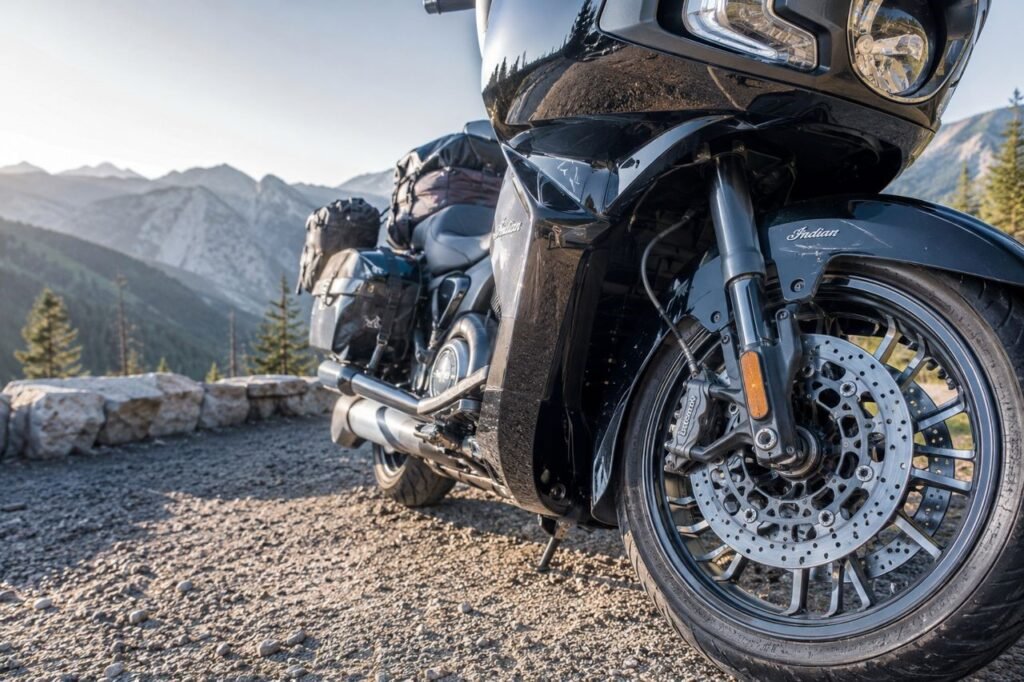 Heavy touring motorcycle with upgraded brake pads during long-distance ride