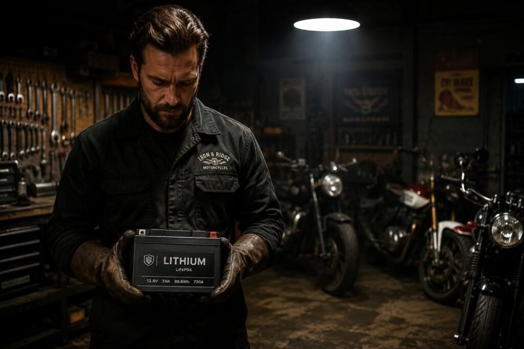 Best motorcycle batteries of 2026 — mechanic holding lithium battery in professional workshop