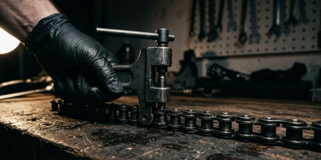 Mechanic using the best motorcycle chain tool on a 530 chain on a workshop bench