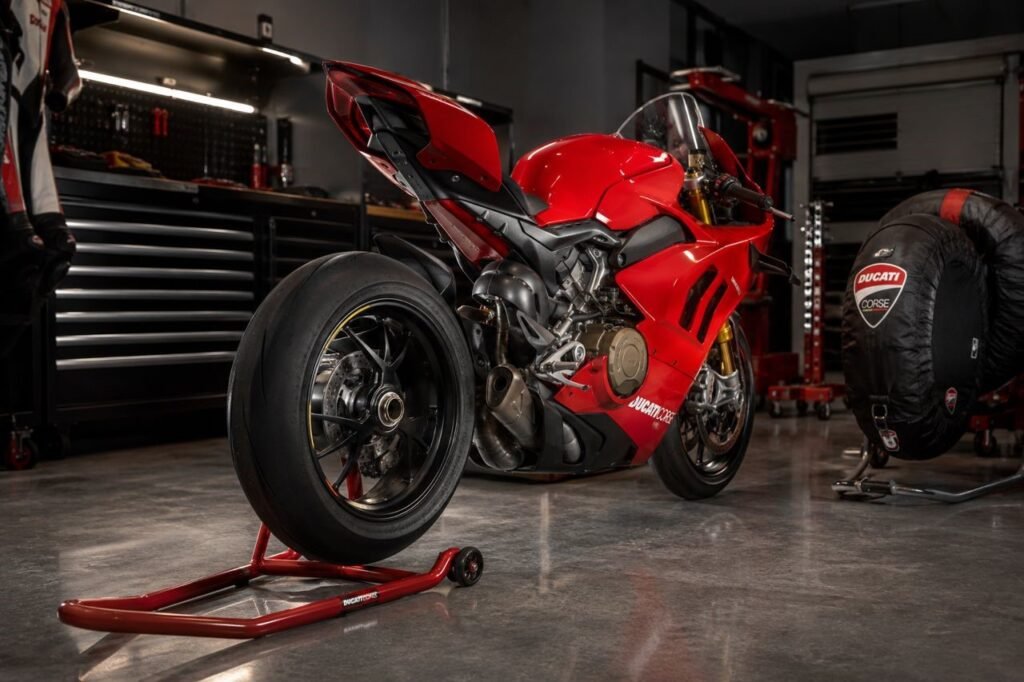 Ducati Panigale V4 on premium rear motorcycle paddock stand inside garage