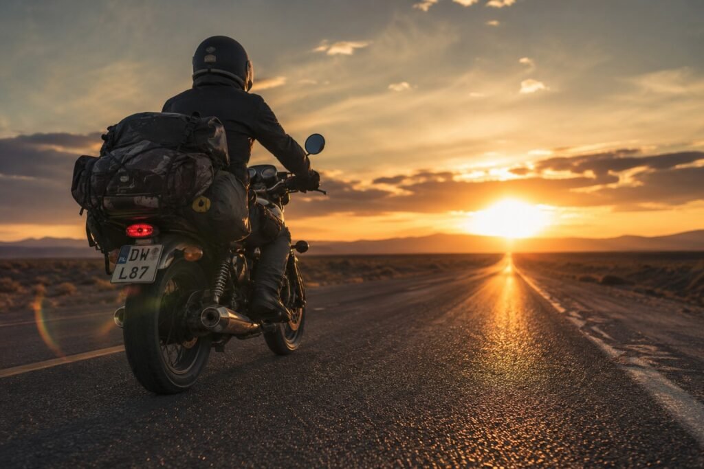Motorcycle rider on open highway at golden hour on a fully loaded touring bike