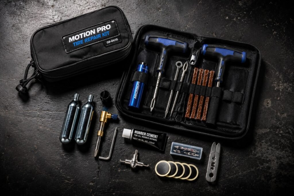 Premium motorcycle tire repair kit with CO2 inflator and plug tools