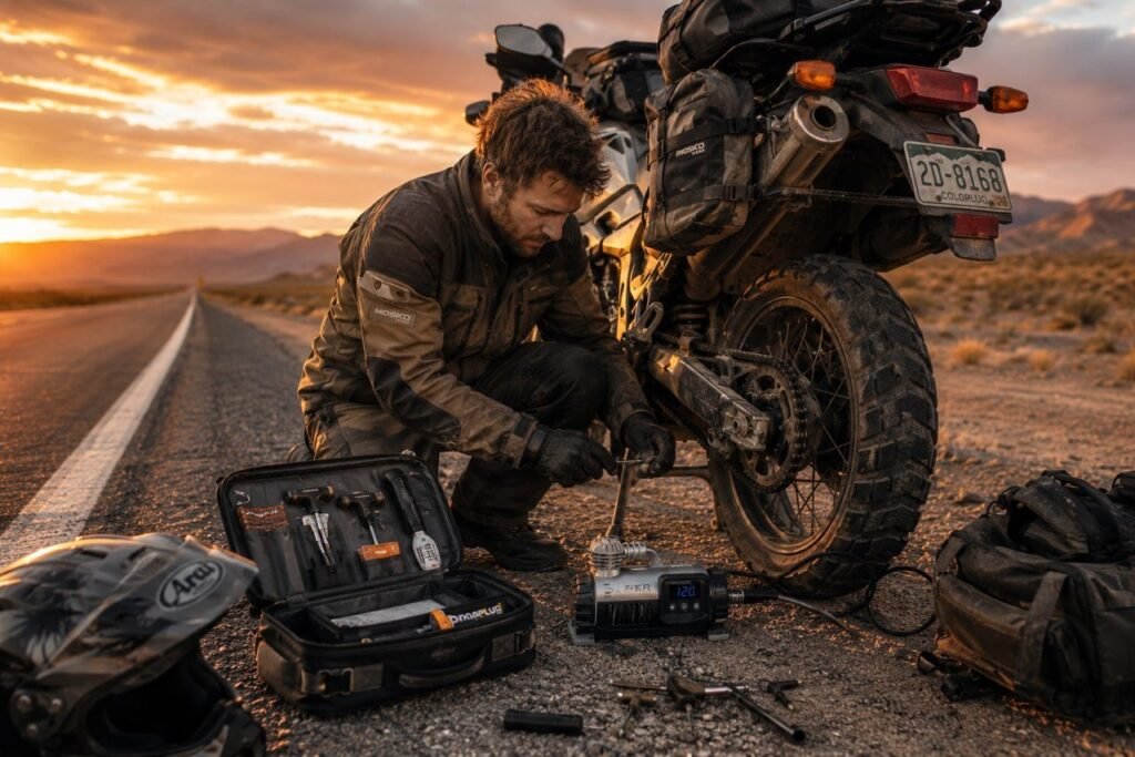 Rider repairing a flat motorcycle tire on a touring motorcycle using a roadside tire repair kit