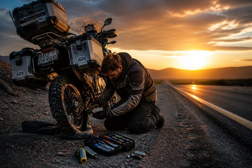 repairing a motorcycle flat tire on the roadside using a tire repair kit