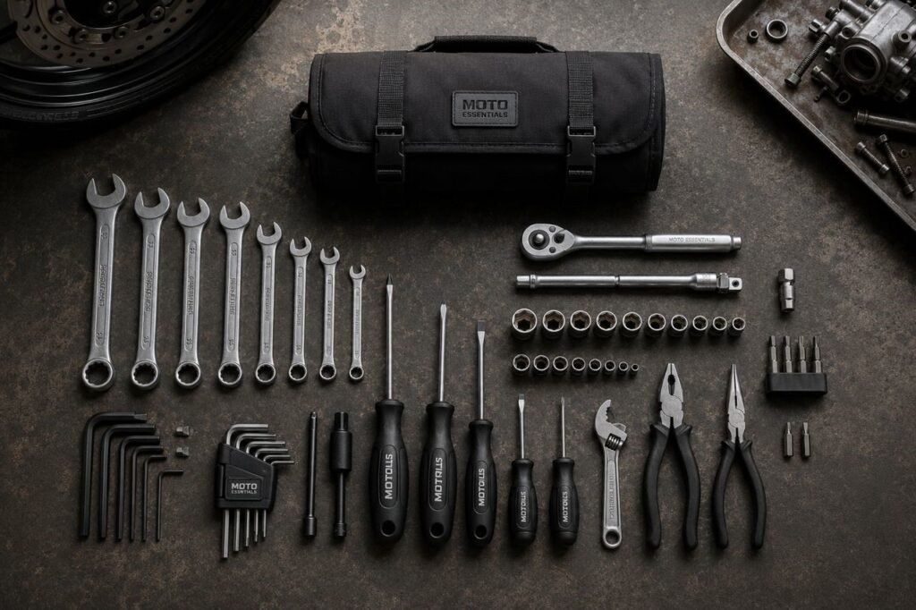 Best motorcycle tool kits for beginners laid out on garage floor including wrenches, sockets and hex keys
