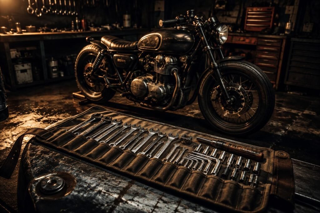 Best motorcycle tool kits for beginners in 2026 showing professional tool roll with chrome wrenches and sockets on motorcycle tank in garage