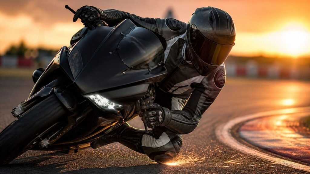 Motorcycle rider leaning into racetrack corner wearing AAA-rated track day suit with airbag system